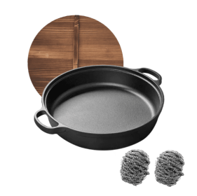 WANGYUANJI 11Cast Iron Wok With Dual Handles And Wooden Lid, Uncoated Frying Pan For Gas And IH, Chinese Thickened Pancake Pan, Stir-frying And I (Color: black)